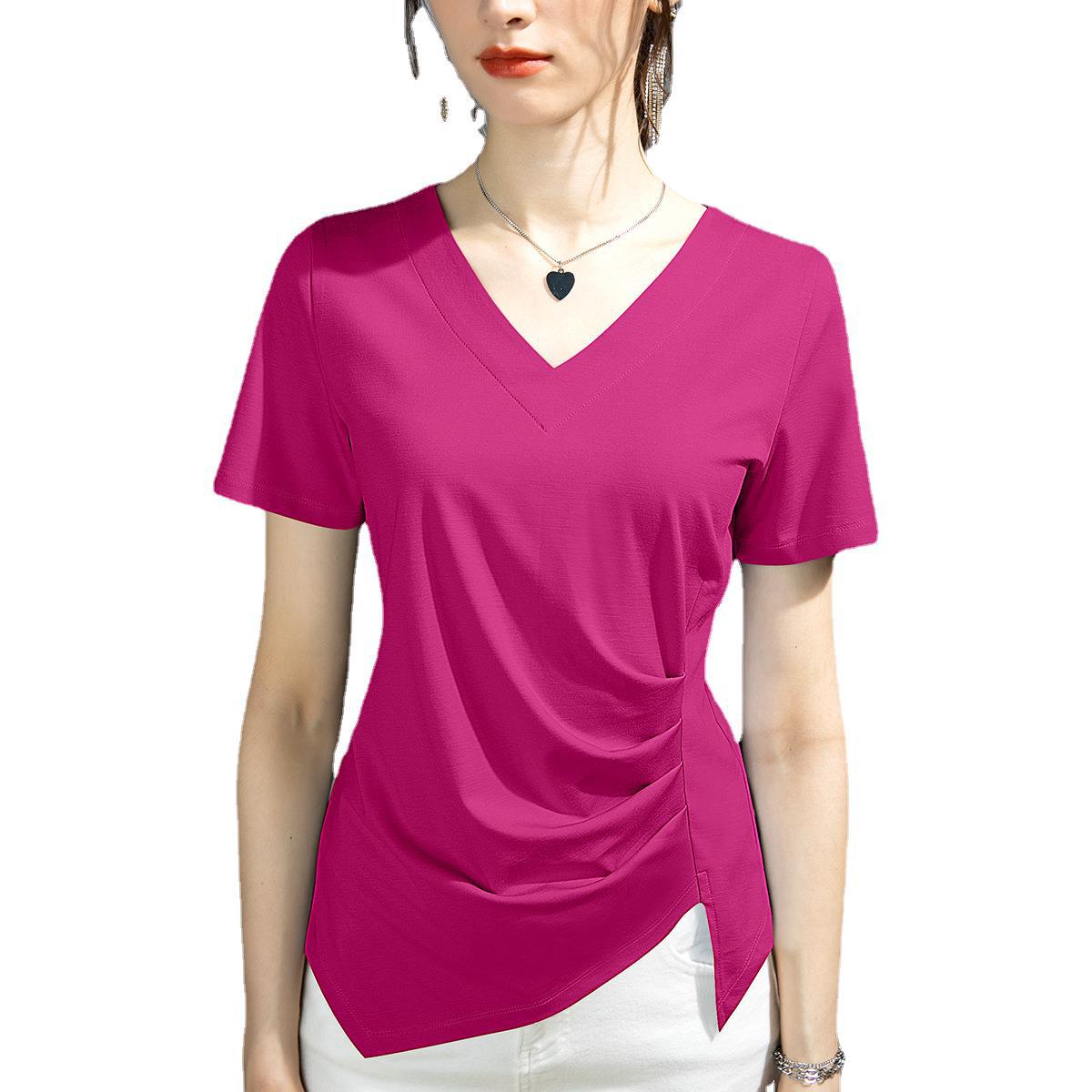 Camiseta de manga corta ropa de mujer 2025 nueva ropa de mujer con aberturas irregulares, top fino y elegante, camiseta de algodón, cabello de una pieza