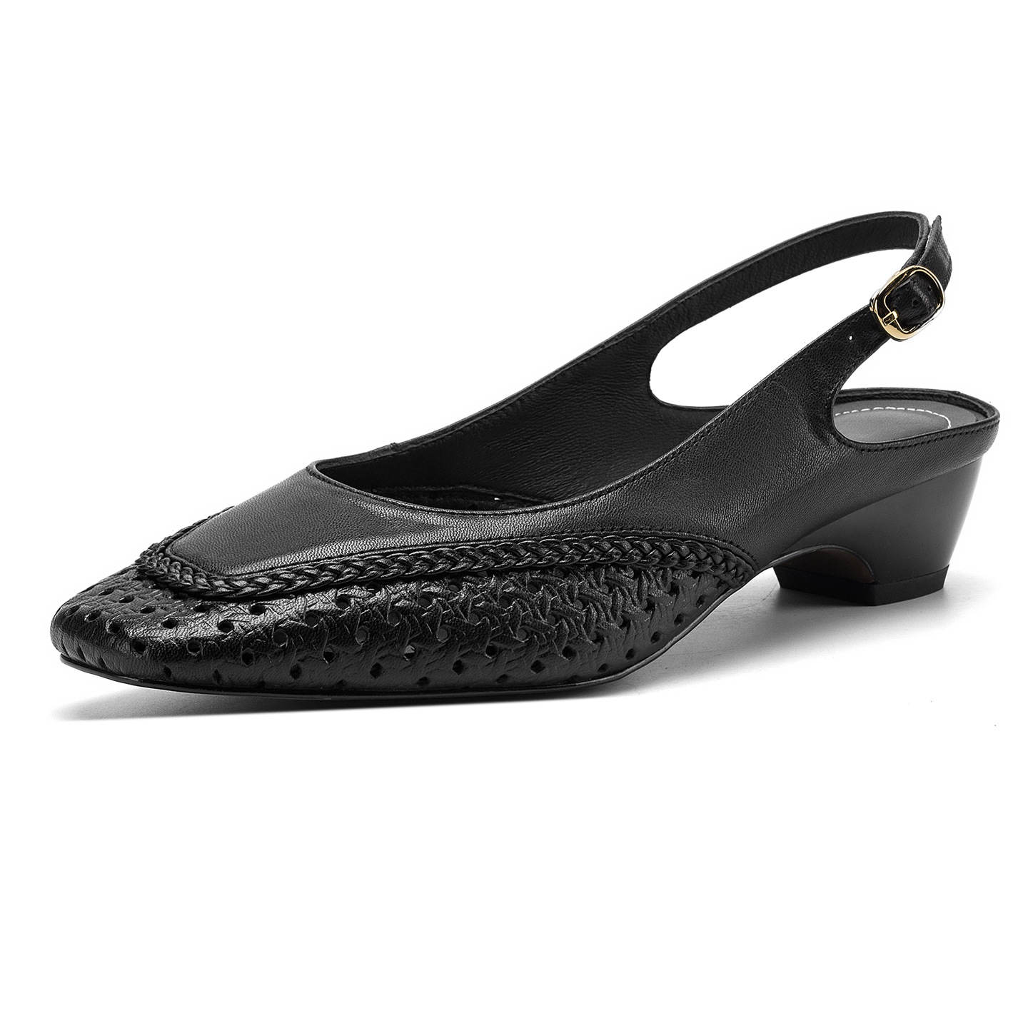Sandal nữ gót thấp 3.5cm da cừu dệt mũi vuông kiểu Pháp quai một dây — đen chi tiết 23