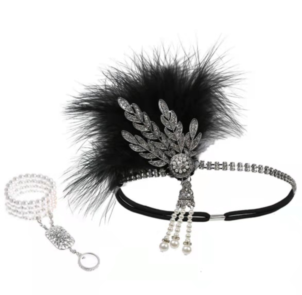 1960s Gatsby Venta caliente retro danza diadema negro avestruz pluma banda de pelo perla rhinestone tocado club nocturno