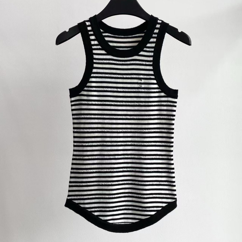 Knitted Sweater Vest with Black and White Stripes and Letter Embroidery, Towel Cotton, Slim Fit, Elastic Ribbed, Casual Sleeveless Top