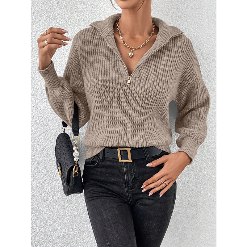 Europa y los Estados Unidos transfronterizos con cremallera suéter de comercio exterior moda de color sólido suéter de manga larga con cremallera de cuello de polo casual suéter mujer