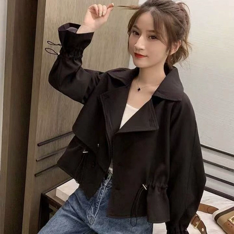 Trench Jacket Korean Style, Drawstring Waist, Solid Autumn Coat for Teens