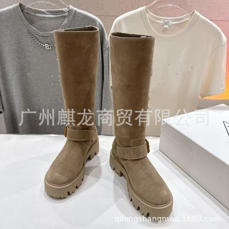 高端2025秋冬三角扣磨砂真皮圆头复古厚底增高显瘦高筒骑士靴长靴|undefined