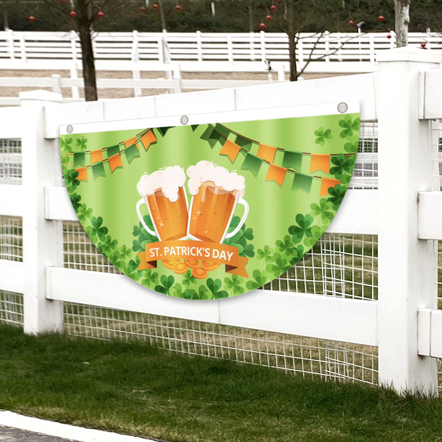Nueva Bandera de abanico del día de San Patricio transfronterizo día irlandés decoraciones al aire libre impresión creativa Bandera de semicírculo