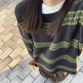 韩系慵懒风条纹毛衣女冬季宽松软糯加厚复古保暖套头针织衫上衣潮