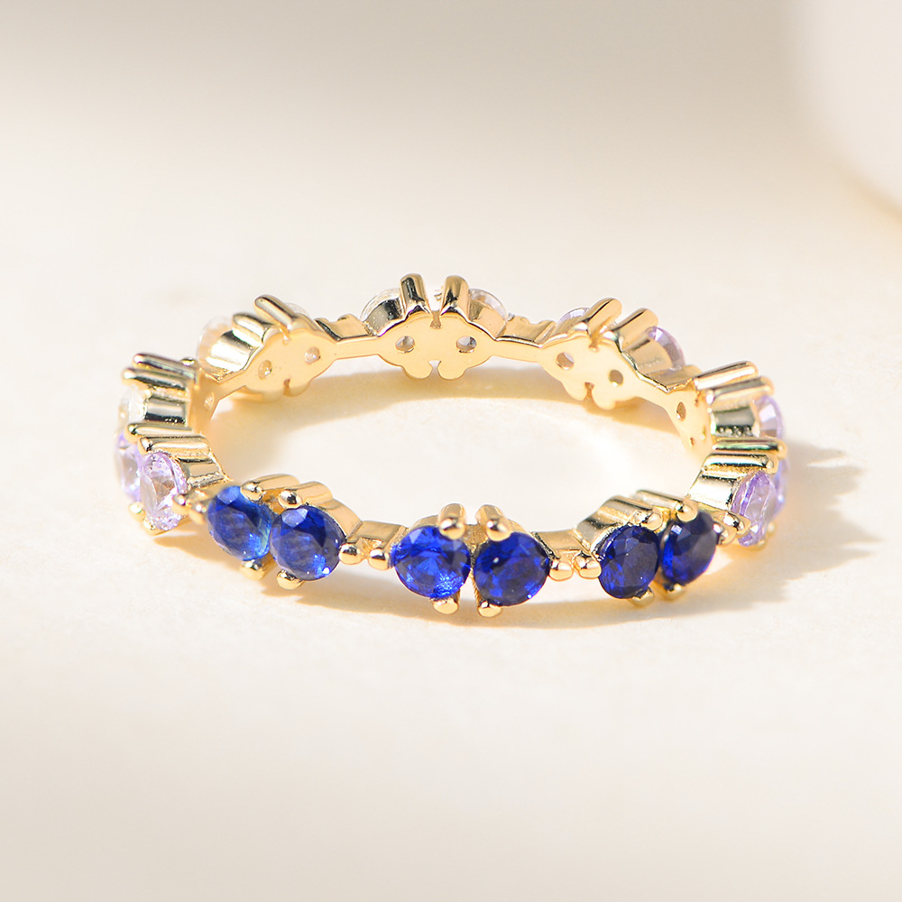 Anillo de circón azul y blanco degradado de plata de ley s925, temperamento europeo y americano femenino, lujo ligero, personalidad, anillo creativo, anillo de dedo índice