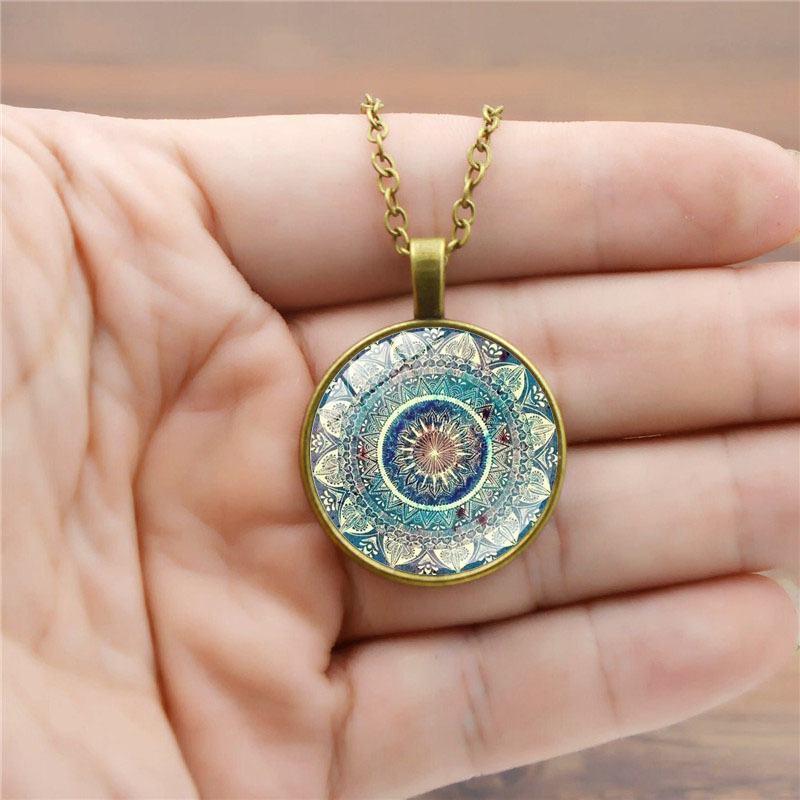Cross-Border New Product Accessories Mandala Yoga Time Gemstone Necklace Fashion Glass Pendant Necklace European and American Jewelry