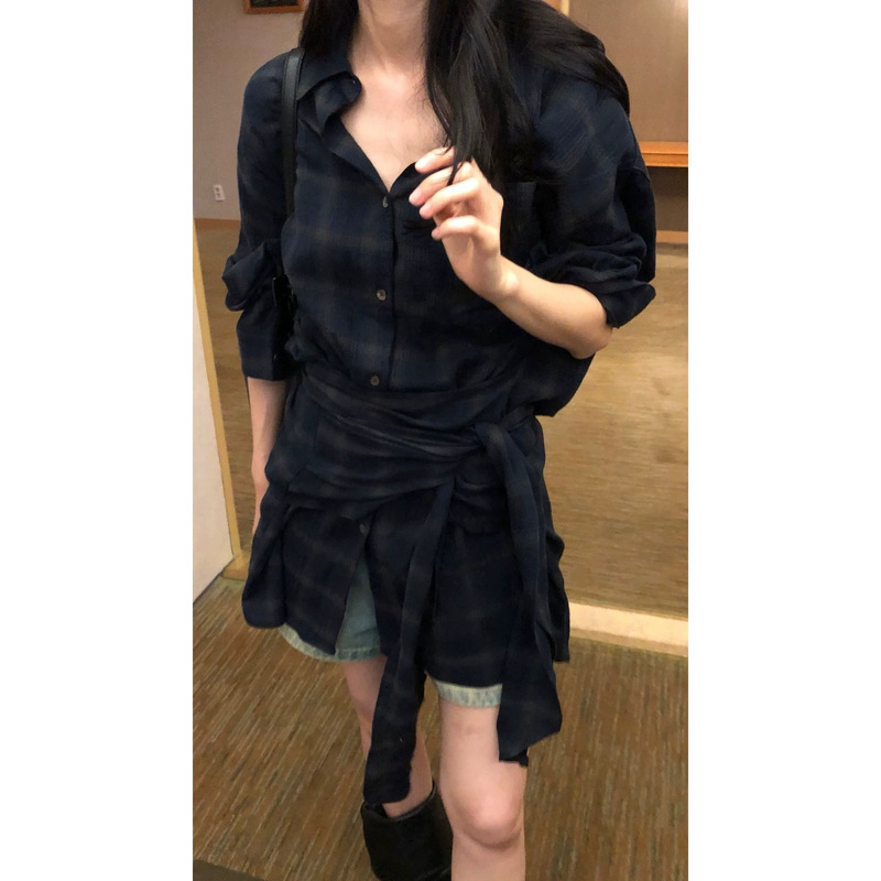 Korean Dongdaemun OVER RICH new designer plaid waist-cinching mid-length shirt Korean Dongdaemun OVER RICH new designer plaid waist-cinching mid-length shirt