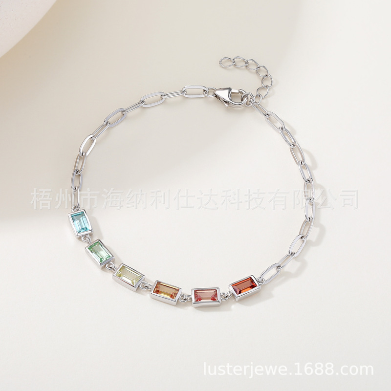 Cultivated Sapphire Small Cube Gradient Dopamine Color Rainbow Bracelet with Colorful Gemstones S925 Silver
