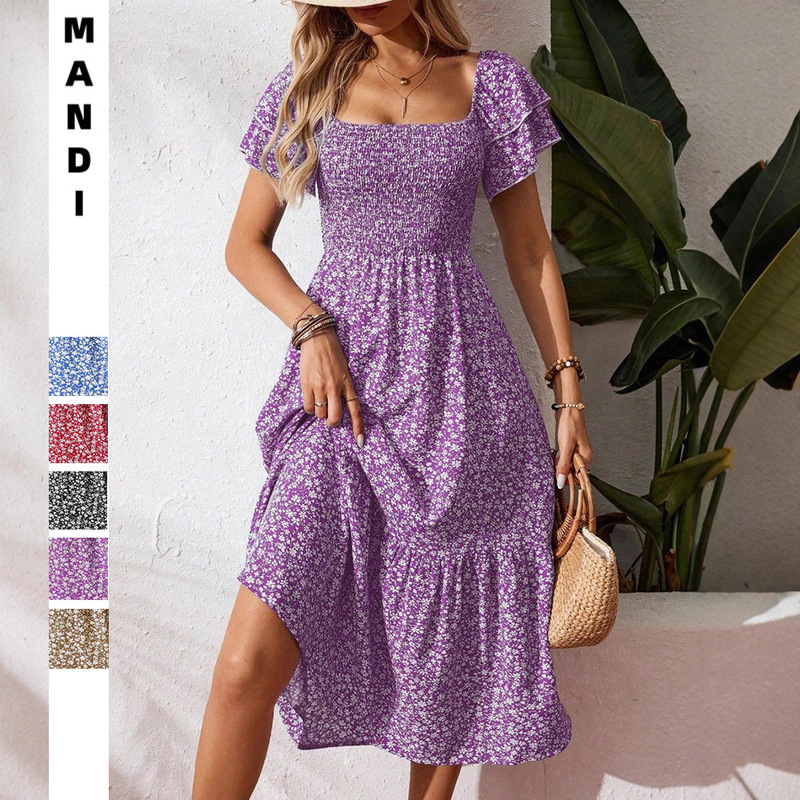 2026 Amazon Spring and Summer New Tk Cross-Border European and American Clothing Short-Sleeved Square-Neck Floral Dress Long 2026 Amazon Spring and Summer New Tk Cross-Border European and American Clothing Short-Sleeved Square-Neck Floral Dress Long