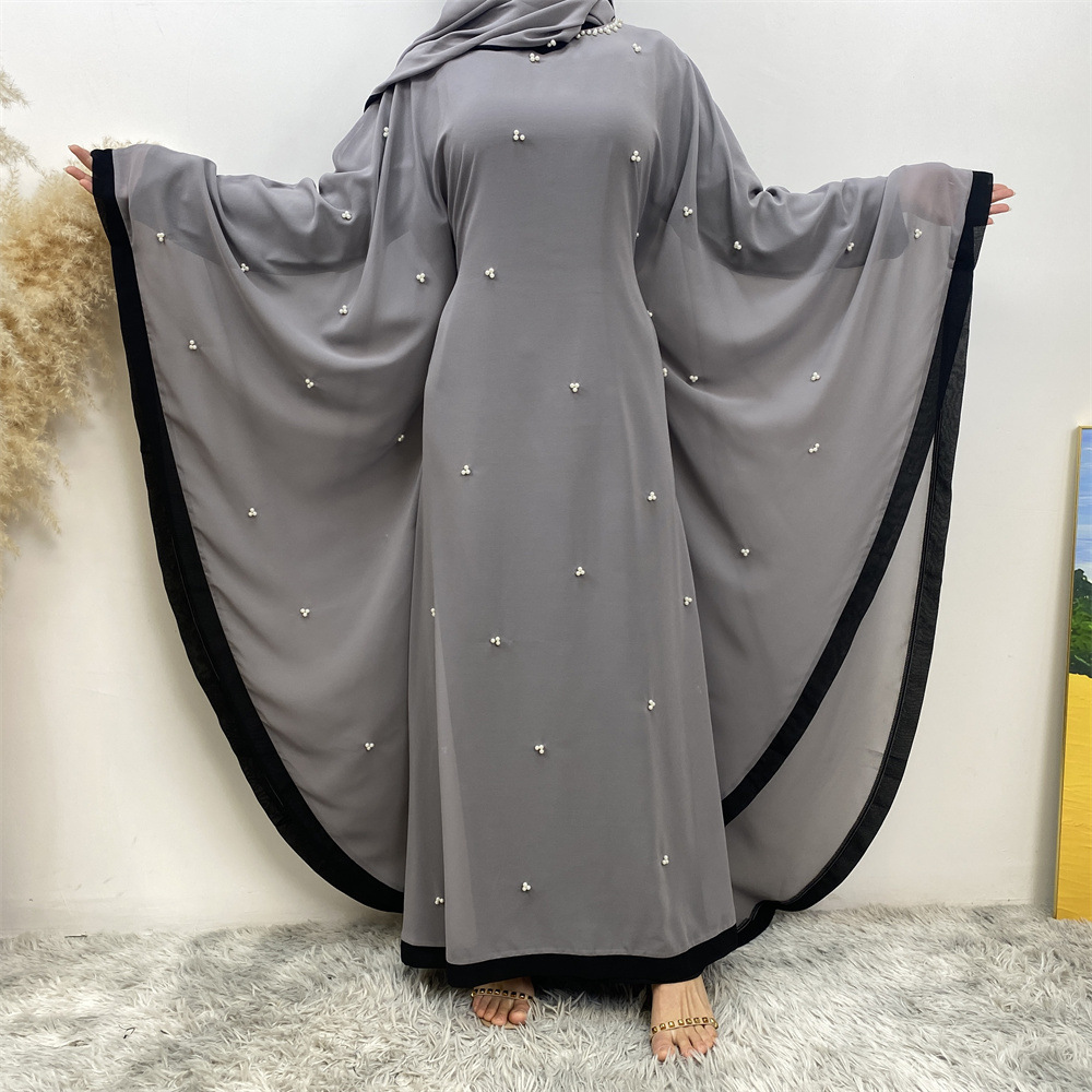 Middle Eastern Turkish Fashion Patchwork Chiffon Elegant Loose Muslim Robe Bat Sleeve Dress 6763_voghion.com