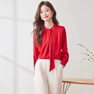春秋气质红色宽松时尚气质衬衫女休闲职业装飘带衬衣新款上衣欧美