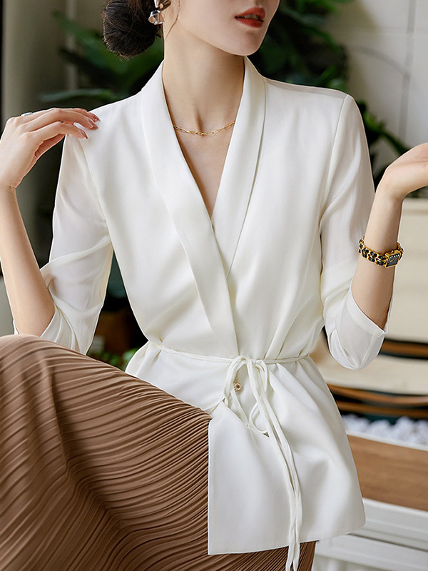 Áo sơ mi blazer satin Pháp dáng rộng tay dài đa năng — đen