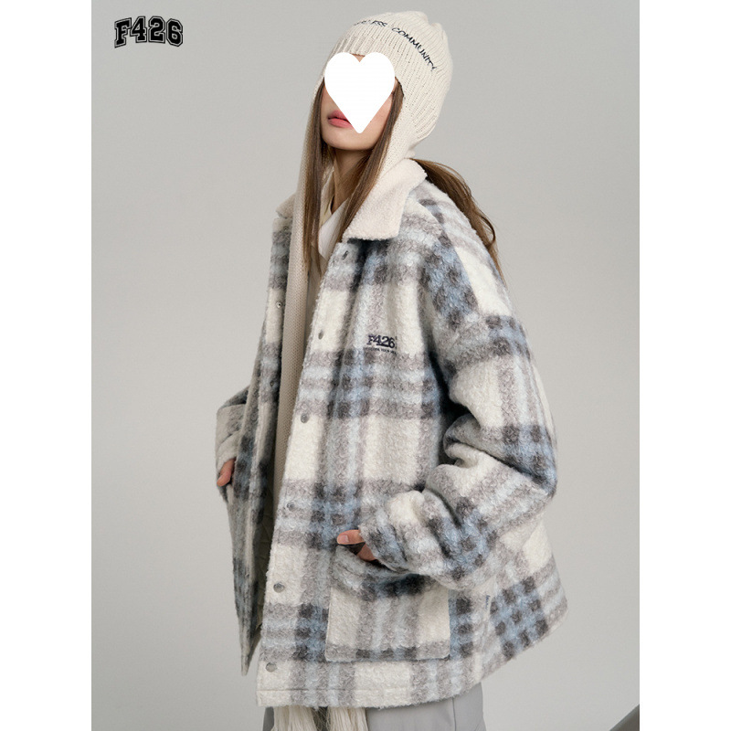 GUOCHAO 브랜드 겨울 커플 힙합 루즈 모방 양모 목걸이 양모 플레이드 코튼 코트