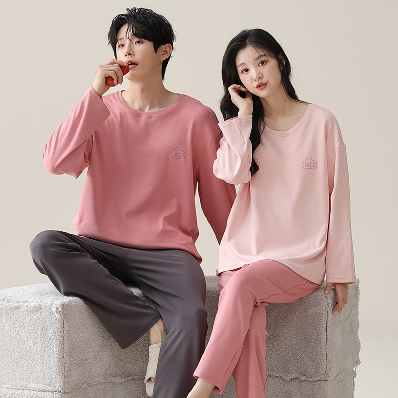 심플한 단색 커플 홈 의류 커플 스타일 홈 루즈 롱 캐주얼 슈트 투피스 슈트 여성 스타일 가슴 패드 포함