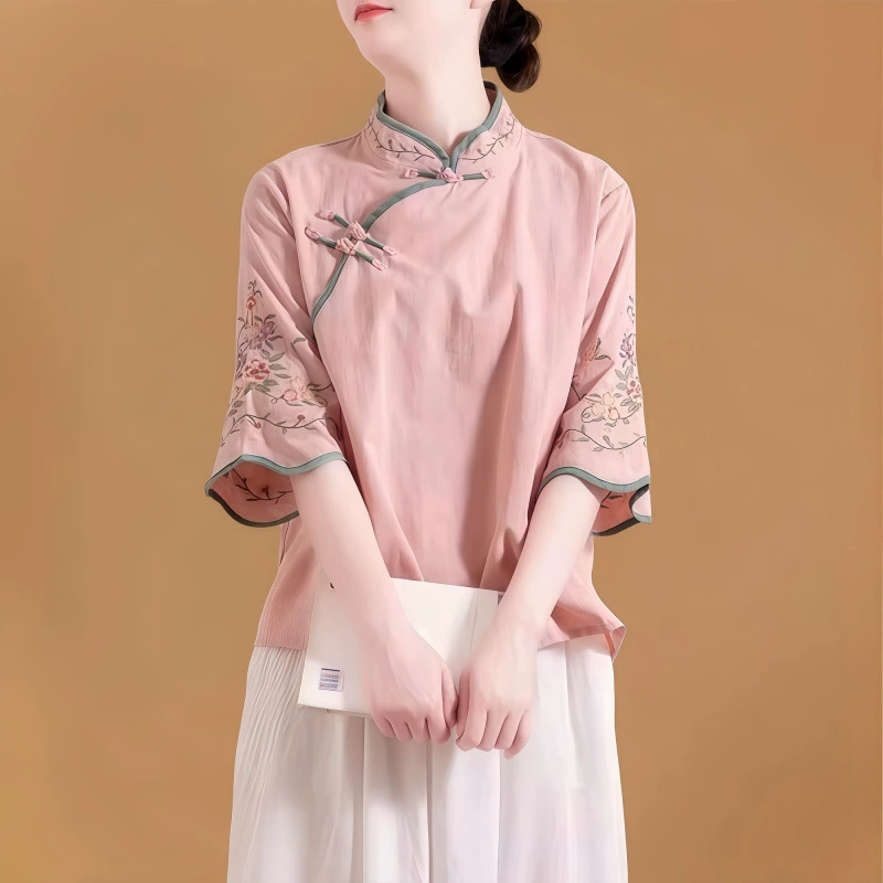Новый китайский стиль, летняя новая рубашка для мамы с вышивкой и пуговицами, свободный чайный костюм с косыми лацканами, рубашка в китайском стиле, литературное ретро