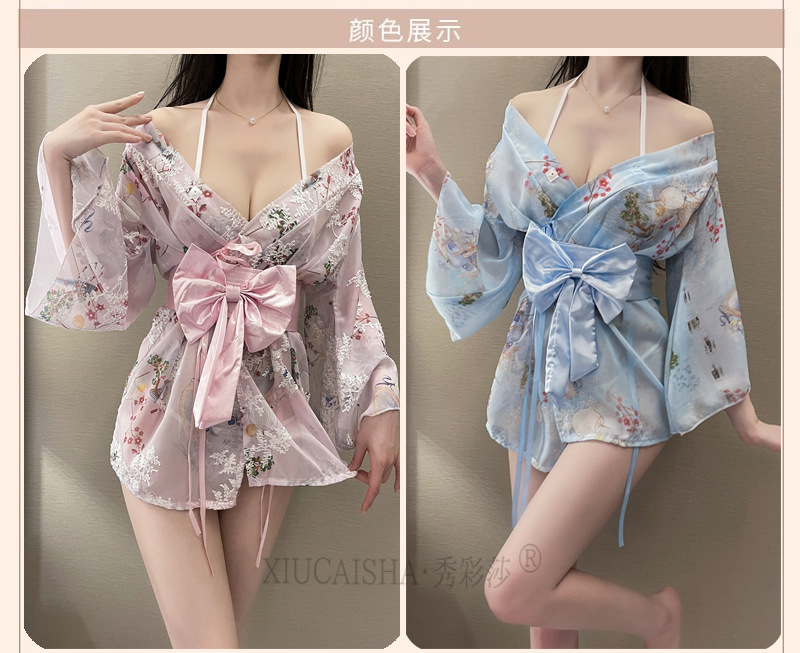 Japanese Print Kimono Three-Piece Lingerie Set with Robe, Belt and Thong — detail image 6