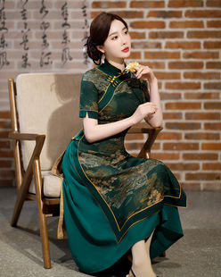 Imitation Fragrant Yarn Cheongsam Long Elegant Slim-fit Slimming Short-sleeved Dress Long Dress Banquet Vintage Improved Odai Catwalk