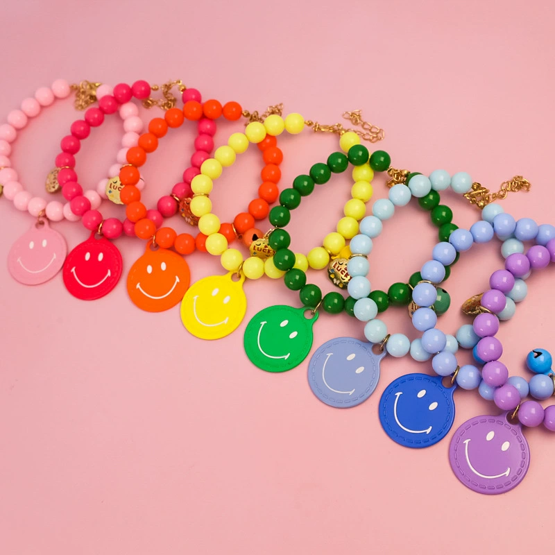 Жемчужное ожерелье для домашних животных, ошейник для котенка, собаки, милое улыбающееся лицо, счастливый макарон, красочное украшение в виде колокольчика