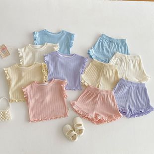 Baby Solid Color Set 2025 New Style for Girls with Ruffled Edges, Vest and Shorts Two-Piece Set in Korean Style