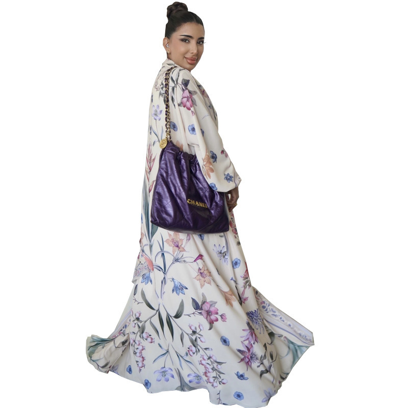 Cross-border Women's Fashion Printed Muslim Cardigan Robe, Middle Eastern Arab Dubai Outfit With Headscarf, Loose Fit_ecoleips.com