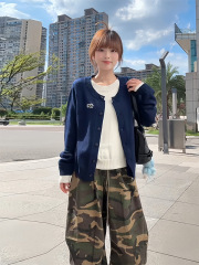 韩系撞色拼接假两件针织开衫女早秋宽松休闲百搭短款长袖毛衣外套