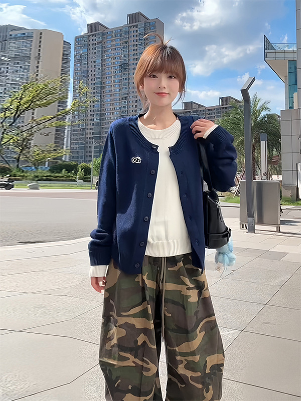 韩系撞色拼接假两件针织开衫女早秋宽松休闲百搭短款长袖毛衣外套|undefined