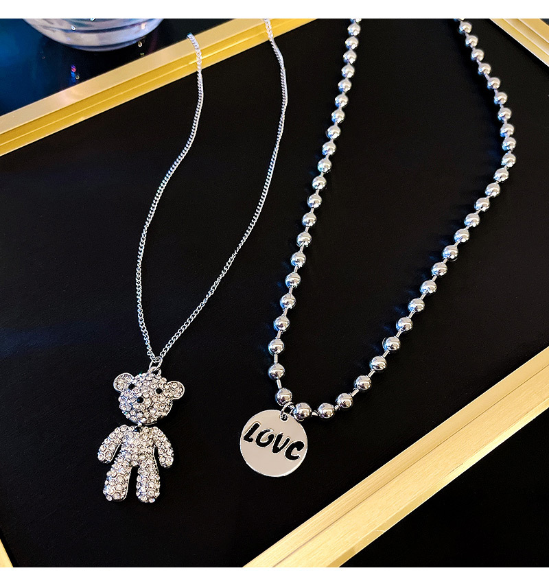Fashion Bear Titanium Steel Plating Rhinestones Pendant Necklace 2 Pieces