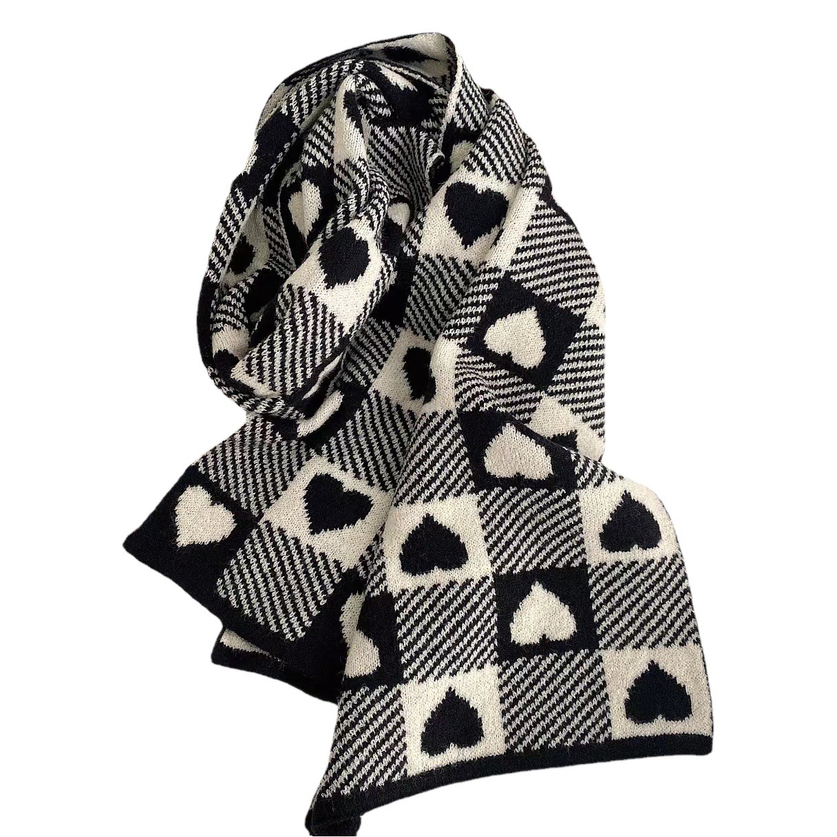 Love Checkerboard Soft Waxy Scarf for Women in Autumn and Winter Thickeneded Arctic Velvet Warm Scarf Japanese Style Sweet Knitted Shawl