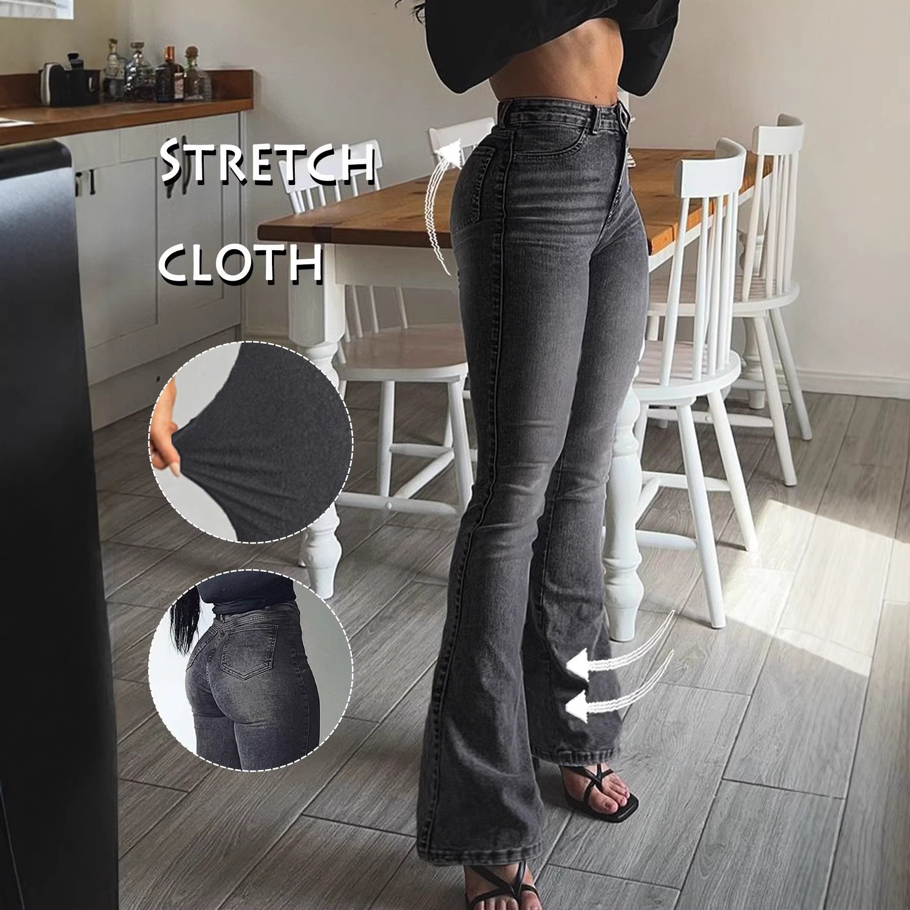 Women's Grey Stretch Flared Jeans High Waisted Vintage Bootcut_voghion.com