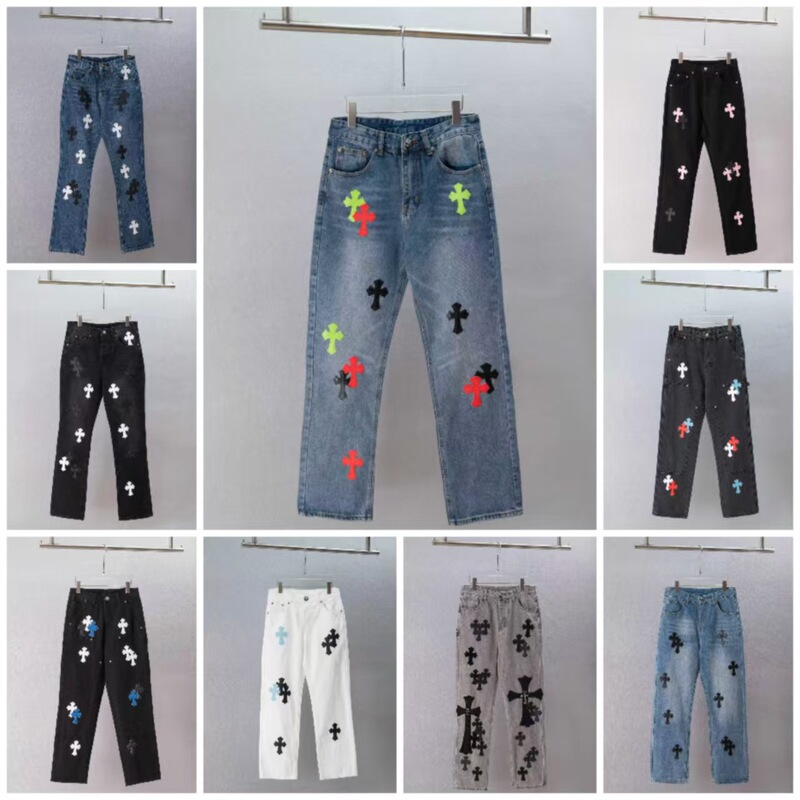 Ch Chrome Hearts Cross Leather Label Washed Jeans Couple Street Style Loose Denim Pants Loose Jeans