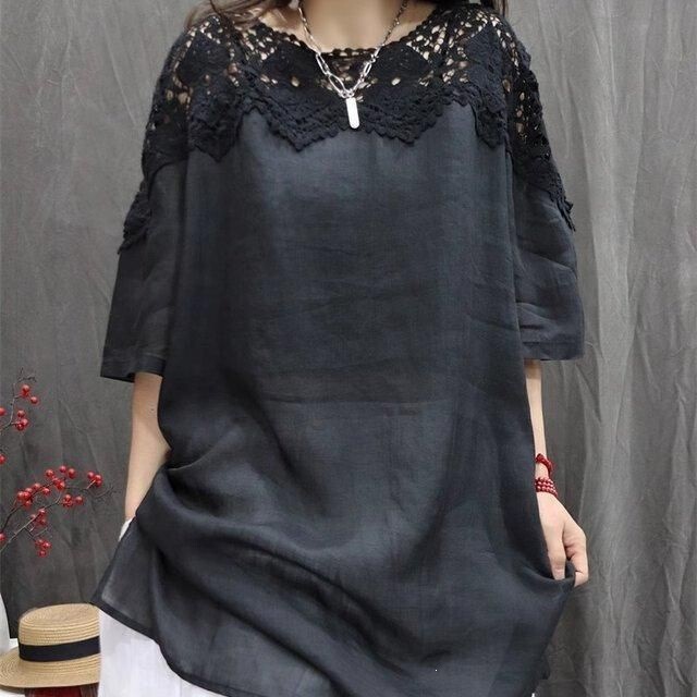 Plus-Size, Super Stylish Women's Vintage Ramie Crochet Hollow-Out Patchwork Loose Fashion Mid-Sleeve Shirt
