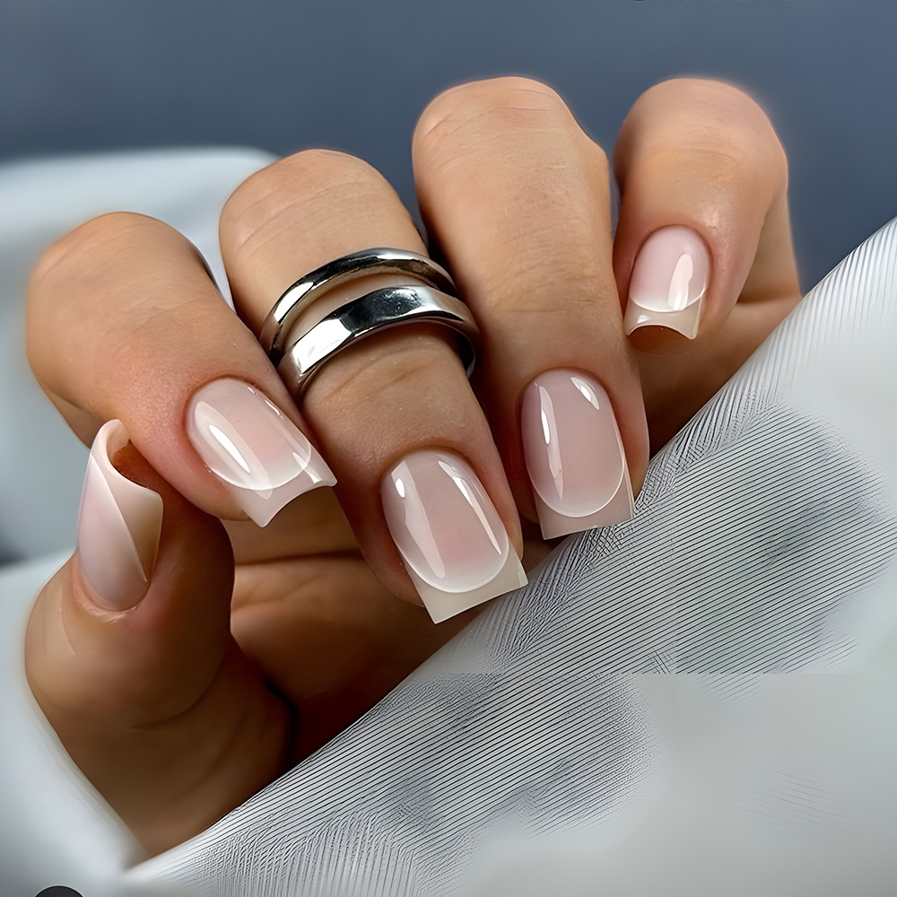 24 piezas de uñas de manicura francesa rosa europea, parche de uñas degradado blanco