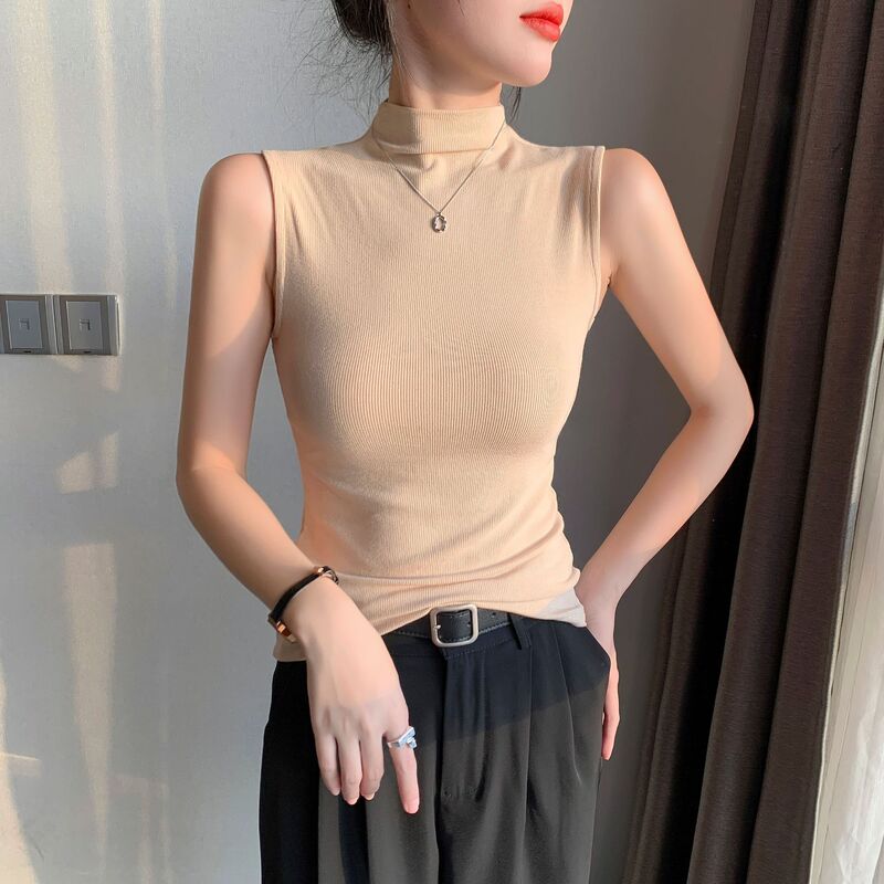 Black Half-high Collar Sleeveless Vest Women's 2024 New Spring and Summer Rib Knitted Slim-fit Slim-fit Base Top