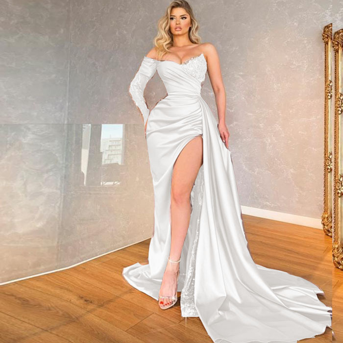 2023 Comercio exterior europeo y americano nuevo vestido de mujer AliExpress off-Cuello lentejuelas blanco largo boda vestido de noche image 1