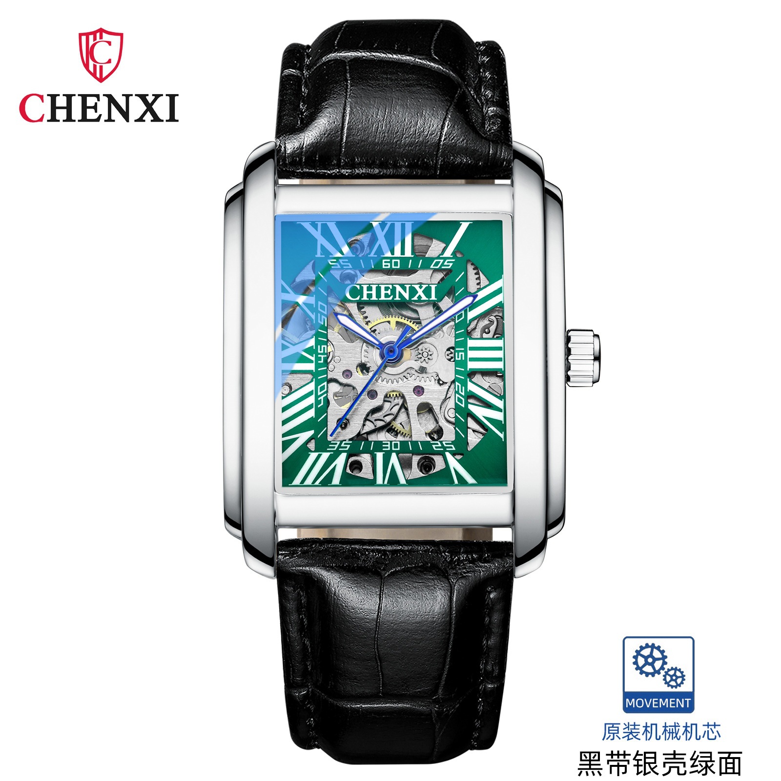CHENXI reloj mecánico automático de los hombres Correa cuadrada hueco transparente inferior casual reloj 8816