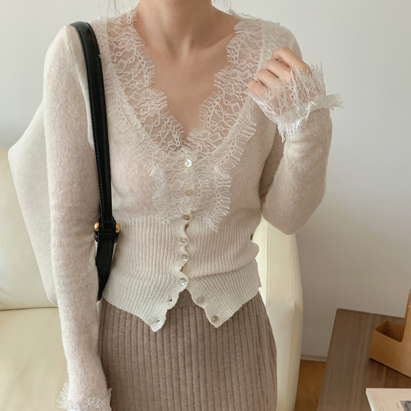 2023 Spring Real Shot Japan Lotte Autumn and Winter New Lace chic Knitted Cardigan French Slim Fit Women's Base Shirt