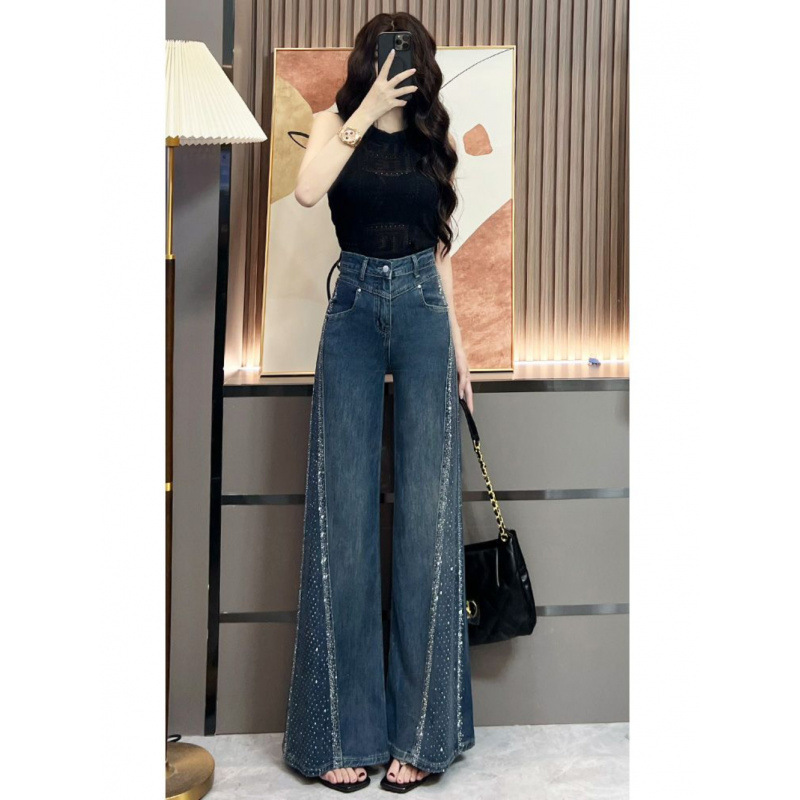 ホットドリル広脚ラッパジーンズ女2025年春夏新作ファッションギャルゆるい水洗いブルーストレートズボン|undefined
