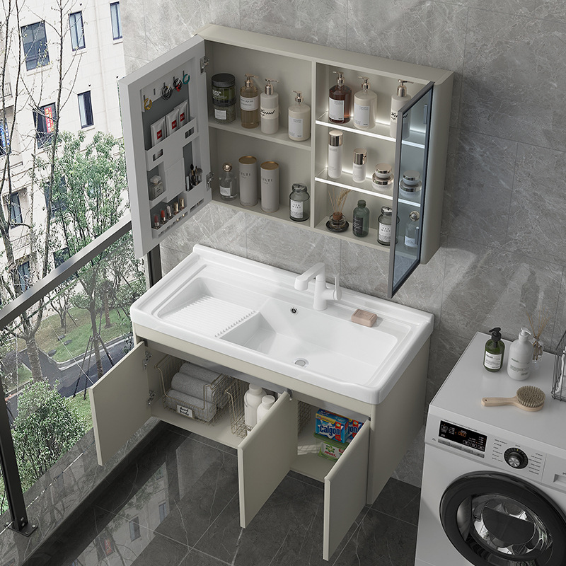 Balcón armario de lavandería de acero inoxidable lavabo de cerámica colgante doméstico lavabo de lavandería con tabla de fricción lavabo