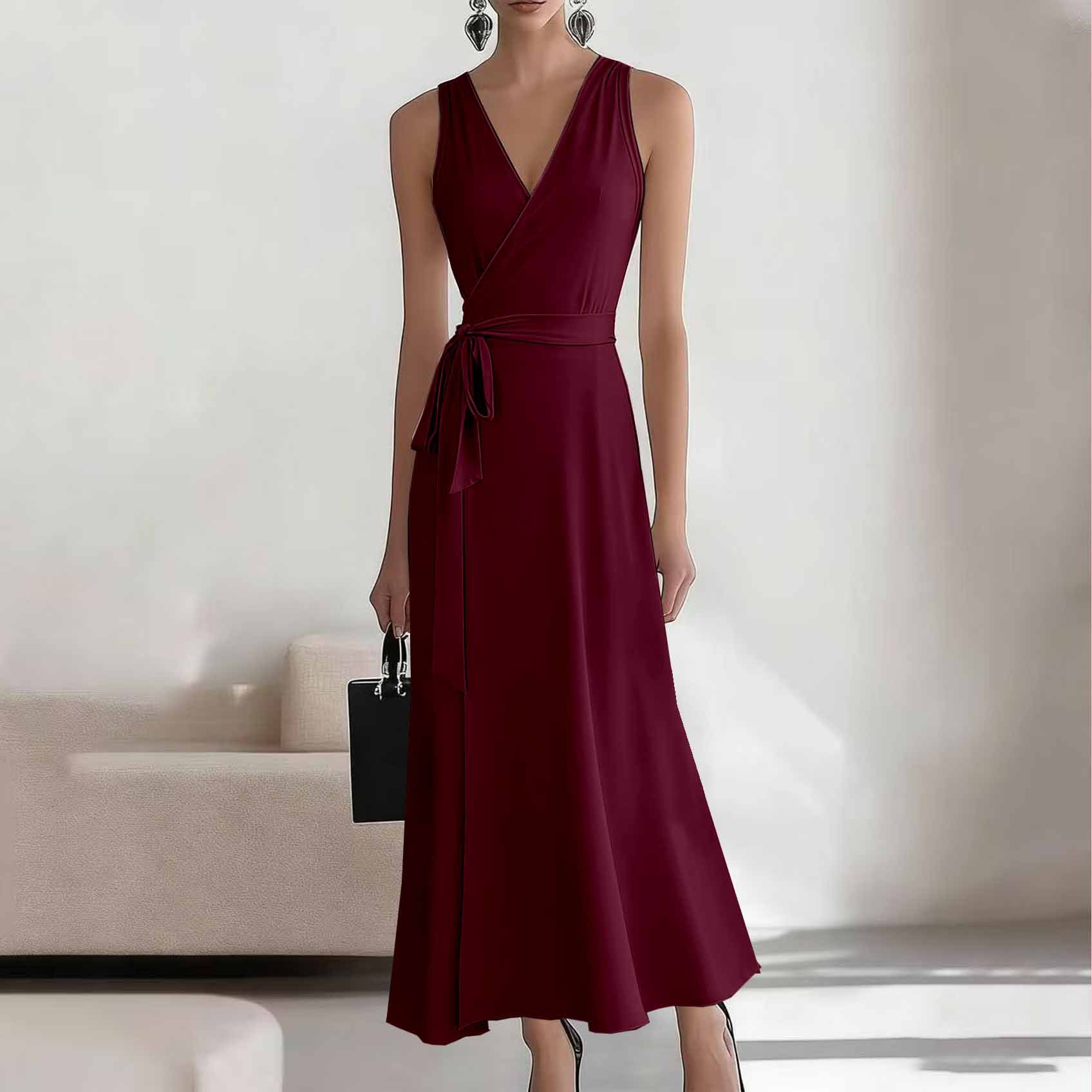 2026 European American Style New Sleeveless Elegant Cross-neck Belted Knitted Dress For Cross-border E-commerce On_ecoleips.com