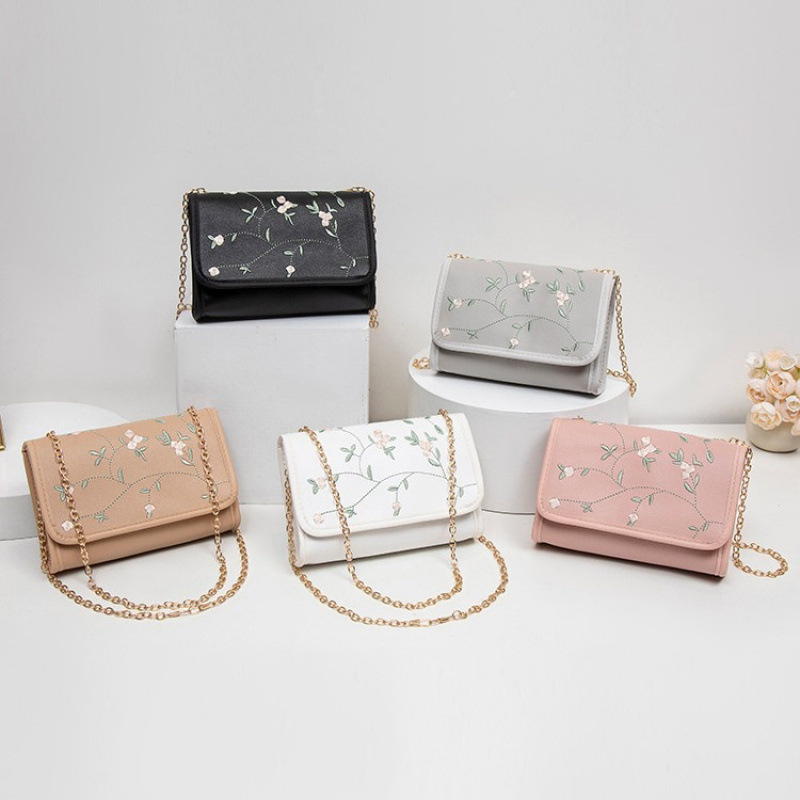 Flor dulce bordado bolso cuadrado simple moda versátil damas cadenas mochila bolso de hombro fresco bolso de teléfono móvil image 1