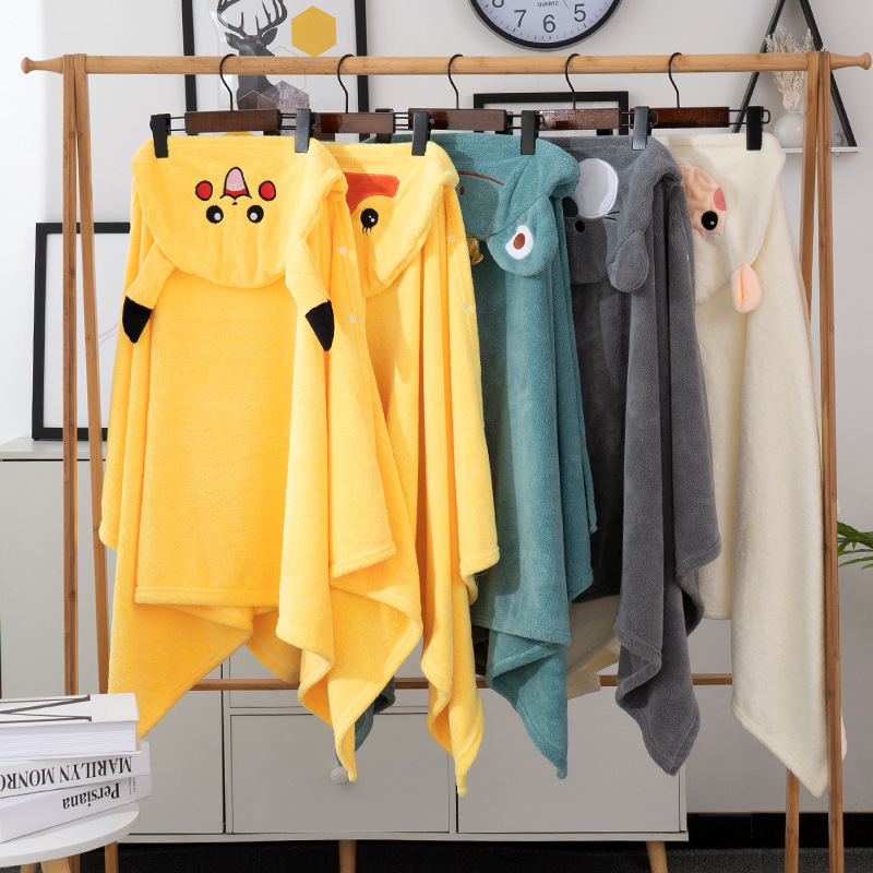 Wholesale Coral Velvet Bath Towel Cartoon Cute Thickened Soft Warm Household Children's Bathrobe Hooded Cloak Absorbent