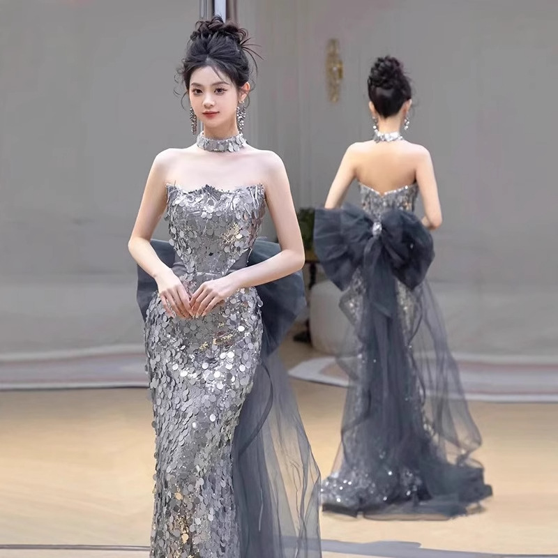 Shiny silver Waist Fishtail Tube Dress Bride Wedding Toast Dress Banquet Host Wedding Dress Wedding Dress