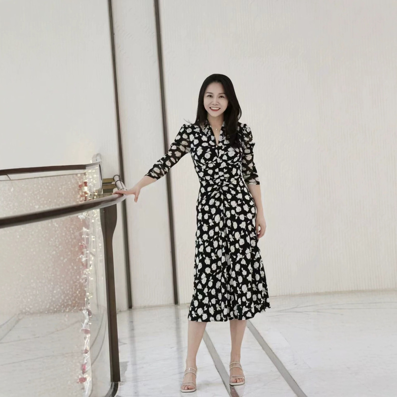 Dvf 2026 Spring and Summer New Elastic Mesh Slim-Fit Tea Break Dress Polka Dot Rose Print Dress Dvf 2026 Spring and Summer New Elastic Mesh Slim-Fit Tea Break Dress Polka Dot Rose Print Dress