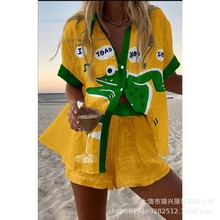 春夏亚马逊欧美跨境时尚女装印花宽松短袖衬衫短裤POD定 制