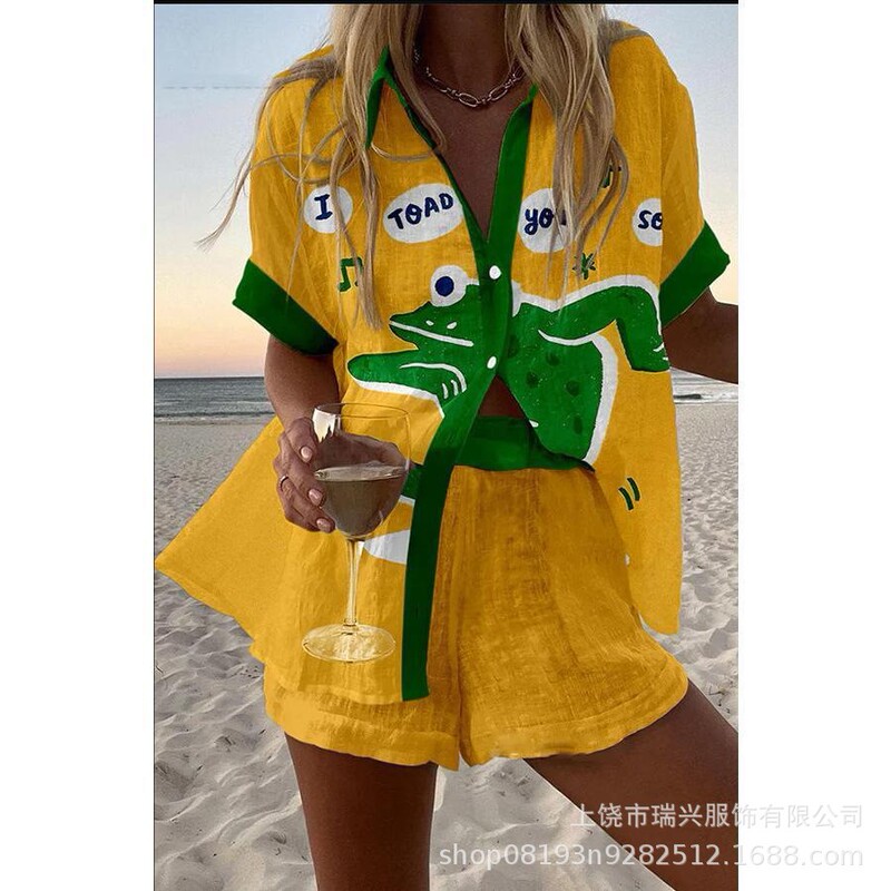 Spring and Summer Amazon European and American Cross-Border Fashion Women's Printed Loose Short-Sleeved Shirts and Shorts Pod Customization