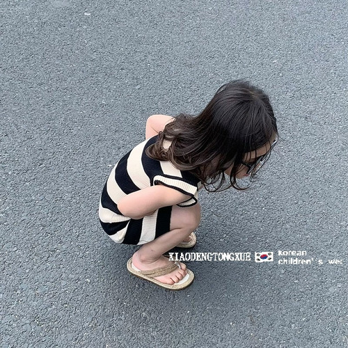 Girls summer small fragrant style striped skirt  new children's sleeveless waistcoat mid-length skirt hip skirt dress