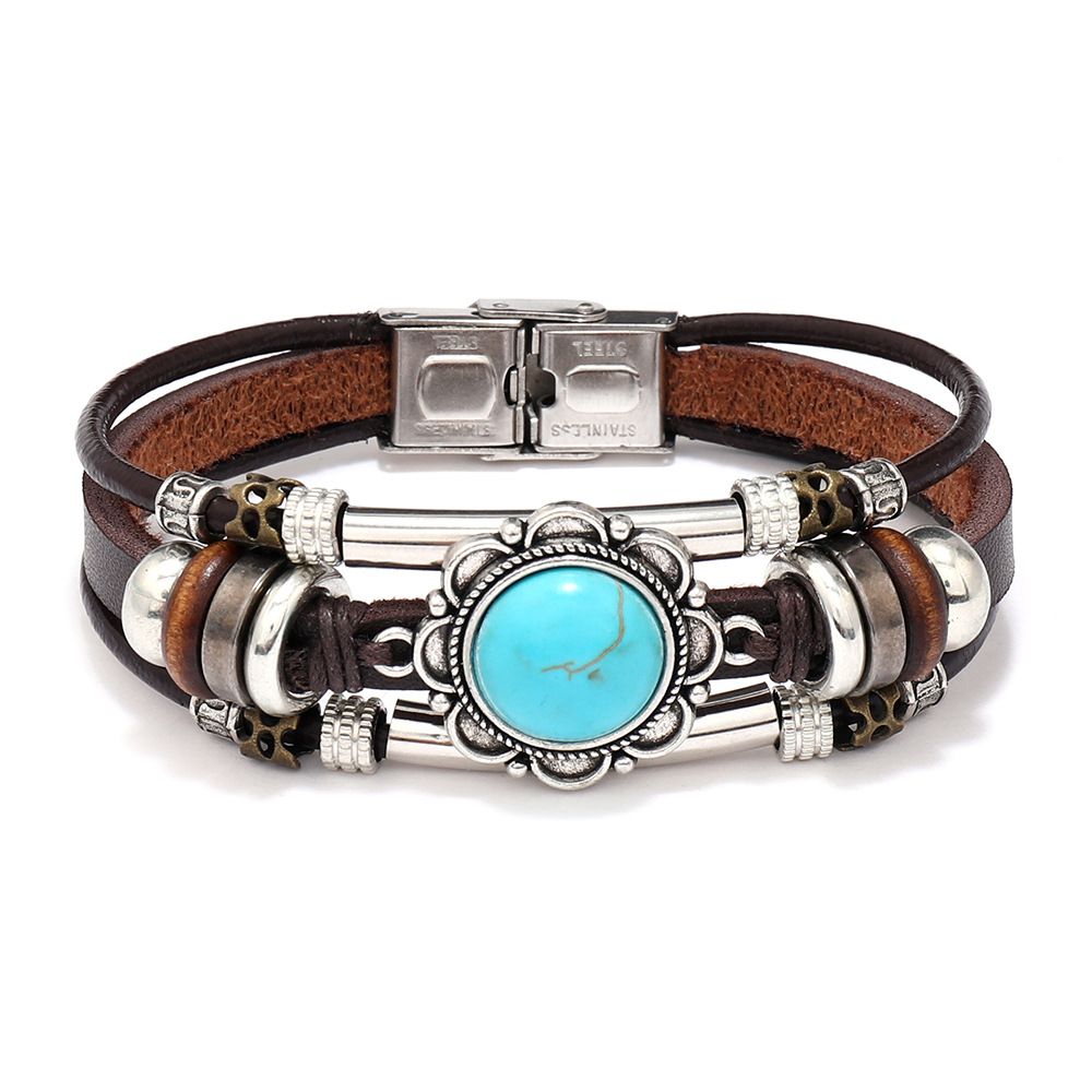 1 Piece Retro Flower Pu Leather Inlay Turquoise Unisex Bracelets display picture 5
