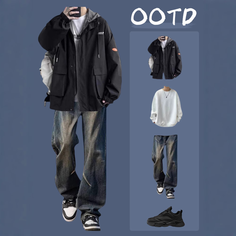 3327 검정색 재킷 + 긴 흰색 T + 109 청바지