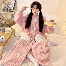 女童睡袍秋冬加厚加绒珊瑚绒长款睡衣法兰绒家居服套装2025年新款